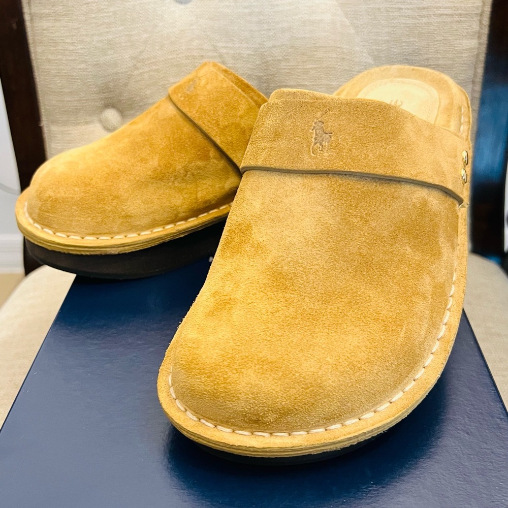 Polo by Ralph Lauren, Size 5B Brown Suede Clogs-Mules, made in Spain.